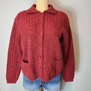 Vtg Leelanau Trail Cardi Minimalist 90s Women Sweater Red Wool Preppy Old Money